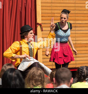 Traveling pantomime company called `Tarkabarka` show in Sopron, Hungary on May 27th 2017. Expressions: angry and uncomprehending Stock Photo